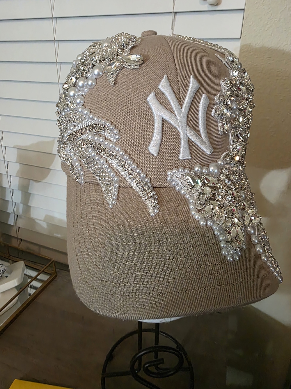 Embellished NY Baseball Cap in Taupe with Pearls & Crystals - Picture 5 of 7
